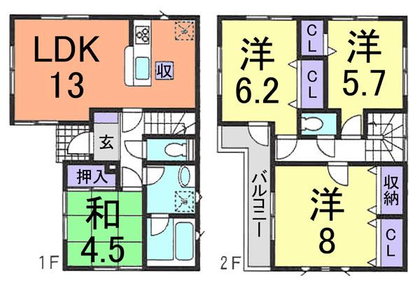Floor plan. (Building 2), Price 21,800,000 yen, 4LDK, Land area 111.43 sq m , Building area 88.28 sq m