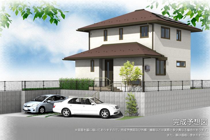 Rendering (appearance).  [No. B land]  [Rendering] So we have drawn on the basis of the drawings, Rendering and the outer structure ・ Planting, such as might actually differ slightly from.  Also, The car is not included in the price. 