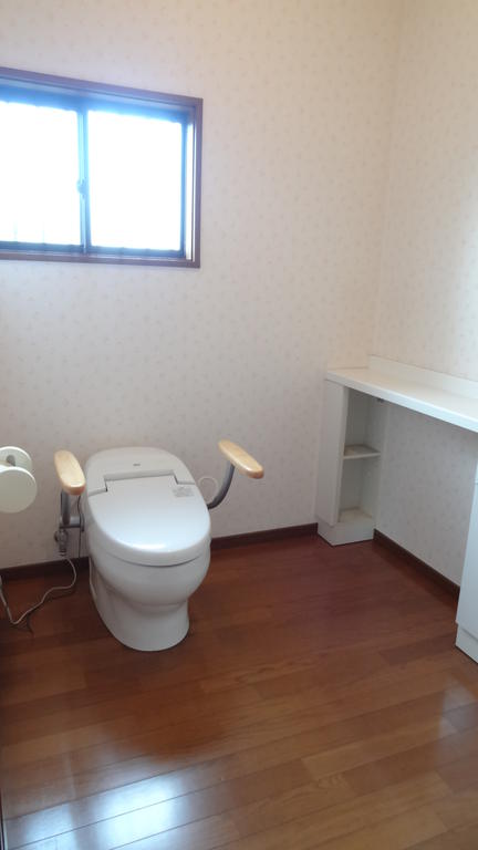 Toilet. Handrail with spacious toilet