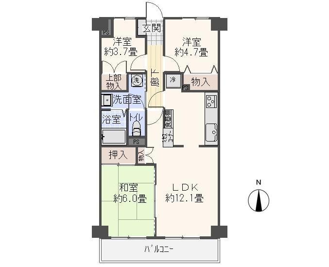 Floor plan. 3LDK, Price 7.3 million yen, Footprint 61.6 sq m , Balcony area 6.72 sq m