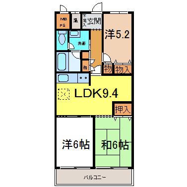 Floor plan. 3LDK, Price 5.8 million yen, Footprint 64.4 sq m , Balcony area 6.72 sq m