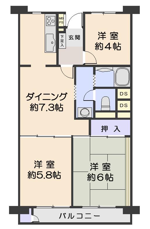 Floor plan. 3DK, Price 3.5 million yen, Occupied area 54.89 sq m , Balcony area 6.6 sq m