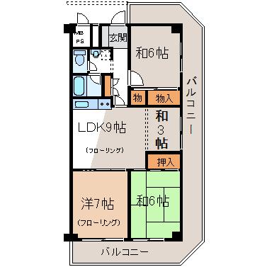Floor plan. 4LDK, Price 6 million yen, Footprint 69 sq m , Balcony area 23.07 sq m