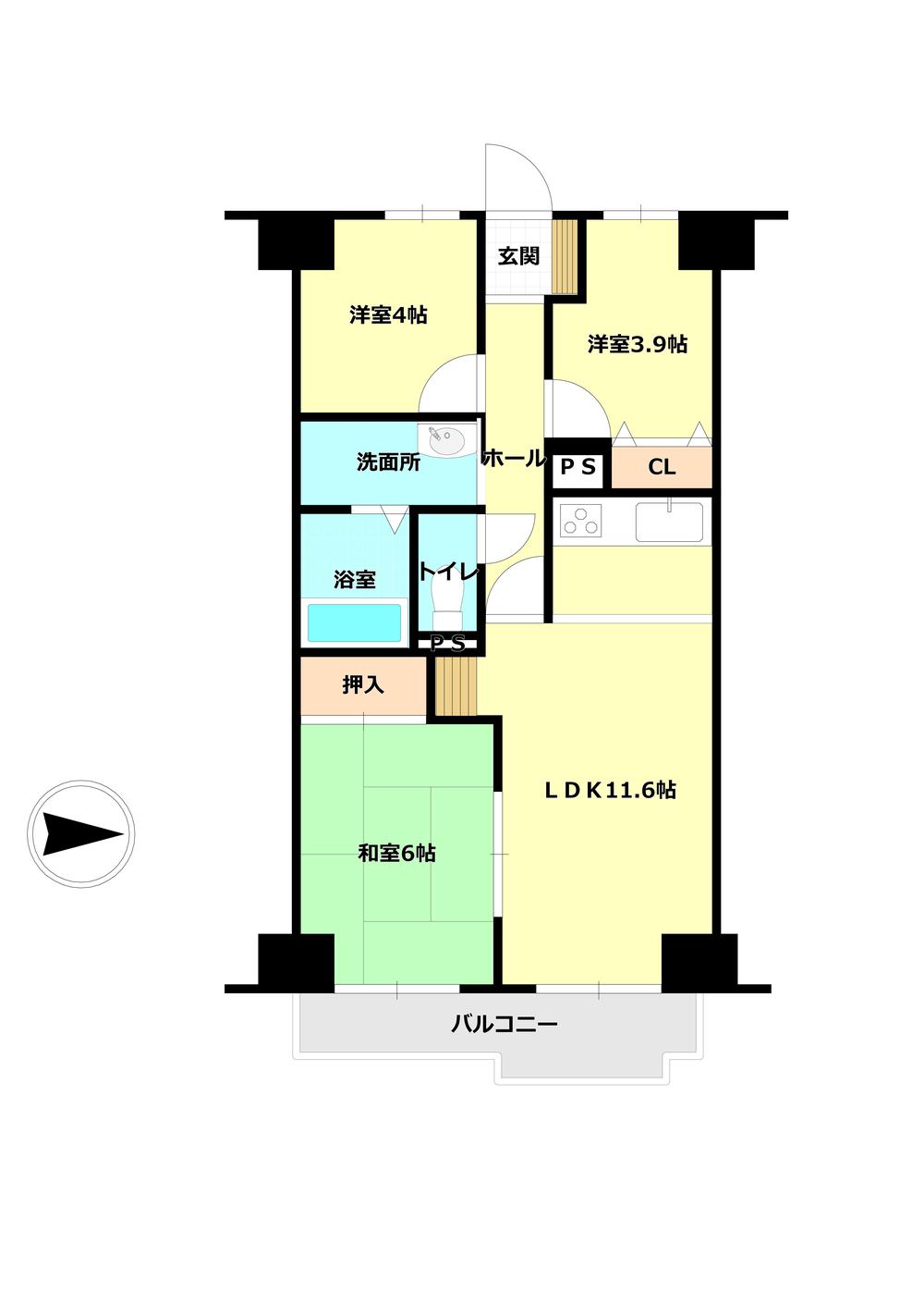 Floor plan. 3LDK, Price 6.9 million yen, Occupied area 58.74 sq m , We will give priority to the balcony area 6.91 sq m Current Status.