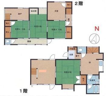 Floor plan. 4.5 million yen, 6DK, Land area 99.53 sq m , Building area 106.49 sq m   The building area also includes extension portion (unregistered). 