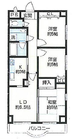 Floor plan. 3LDK, Price 8.9 million yen, Occupied area 65.24 sq m , Balcony area 8.94 sq m