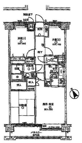 Floor plan. 3LDK, Price 5.95 million yen, Occupied area 57.04 sq m , Balcony area 7.64 sq m