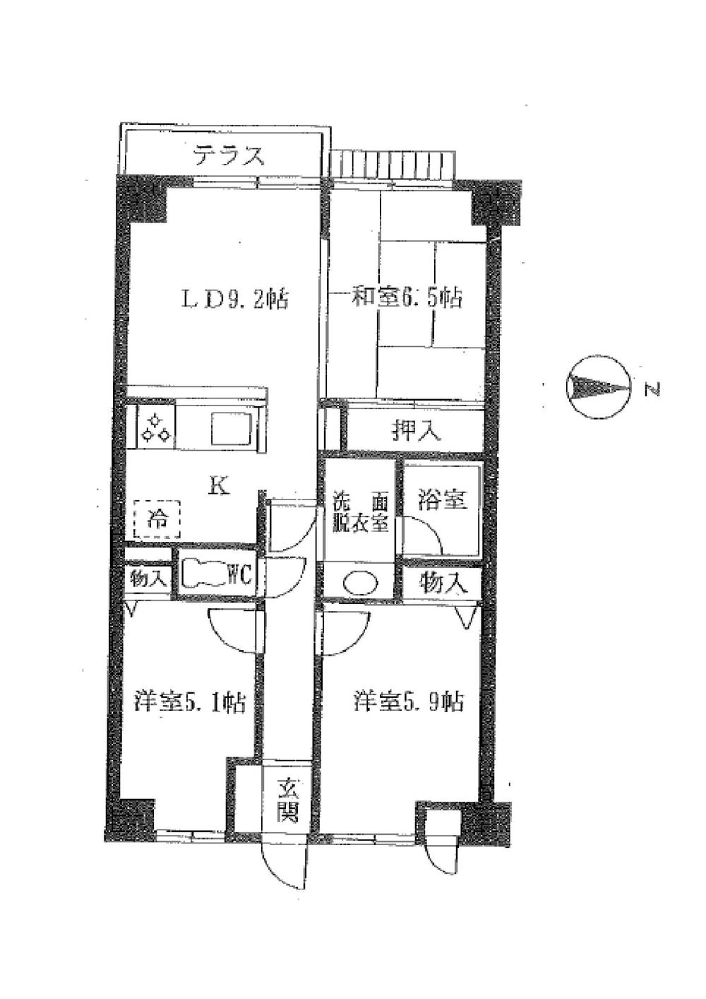 Floor plan. 3LDK, Price 9.8 million yen, Occupied area 62.54 sq m , Balcony area 7.2 sq m