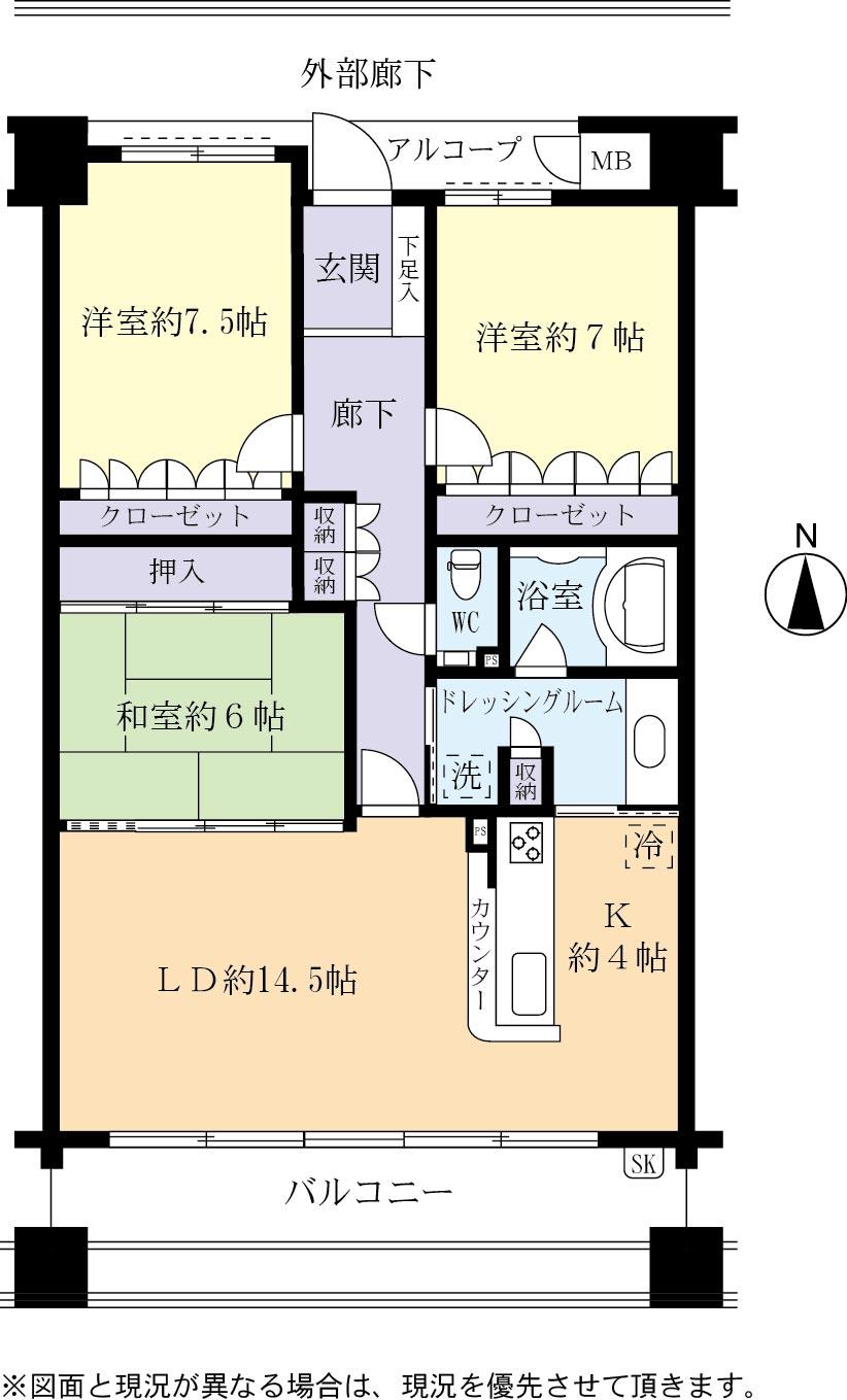 Floor plan. 3LDK, Price 34,500,000 yen, Occupied area 91.26 sq m , Balcony area 15.4 sq m