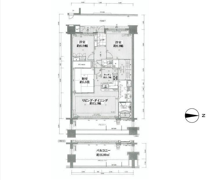 Floor plan. 3LDK, Price 33,900,000 yen, Occupied area 90.99 sq m , Balcony area 16 sq m