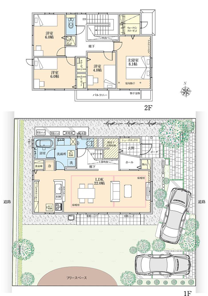 Floor plan.  [B-2 No. land] So we have drawn on the basis of the Plan view] drawings, Plan and the outer structure ・ Planting, etc., It may actually differ slightly from. Also, car ・ bicycle ・ Consumer electronics ・ furniture ・ Fixtures, etc. are not included in the price. 