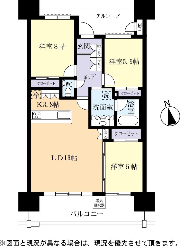 Floor plan. 3LDK, Price 34,800,000 yen, Occupied area 86.29 sq m , Balcony area 16.55 sq m