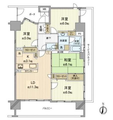 Floor plan. 4LDK, Price 26,800,000 yen, Occupied area 80.13 sq m , Balcony area 14.99 sq m