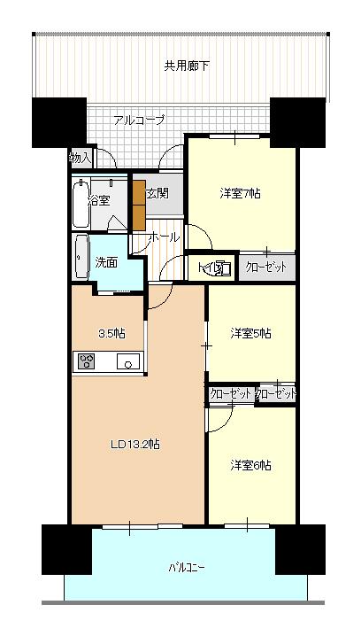 Floor plan. 3LDK, Price 28,900,000 yen, Occupied area 73.67 sq m , Balcony area 14 sq m