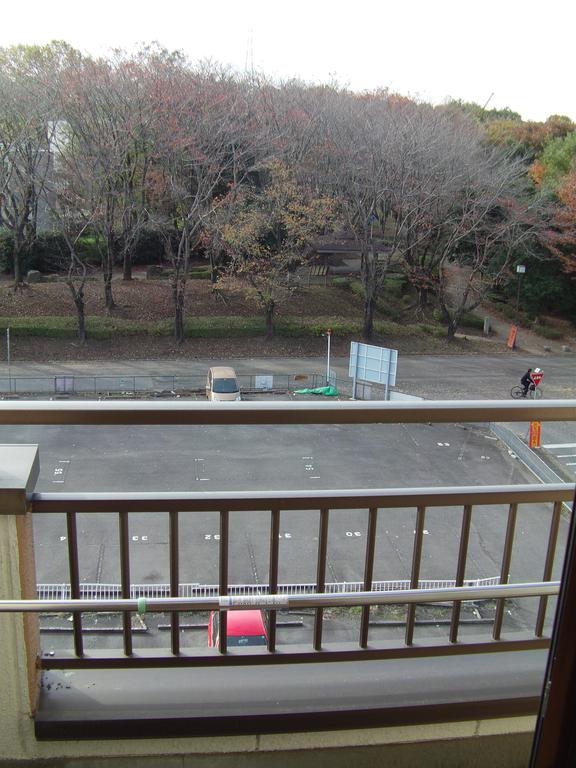 Balcony. University dormitory Cherry trees overlooking