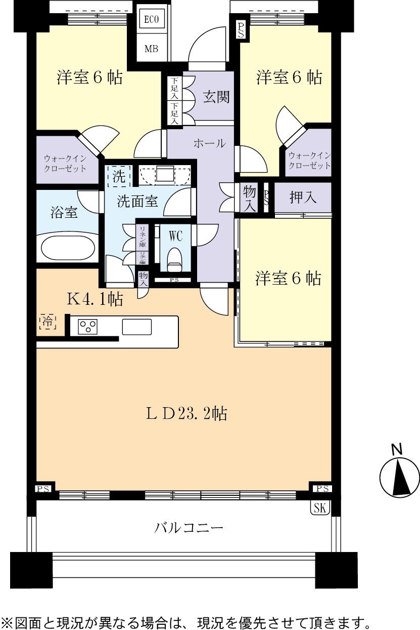 Floor plan. 3LDK + 2S (storeroom), Price 47,800,000 yen, Footprint 106.22 sq m , Balcony area 14.11 sq m