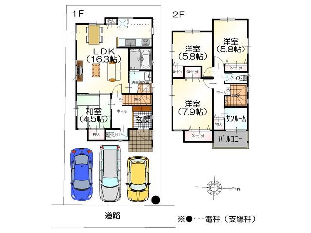 Floor plan. 21,430,000 yen, 4LDK, Land area 116.98 sq m , It is a building area of ​​103.29 sq m front road about 6m There is also easy to enter and exit