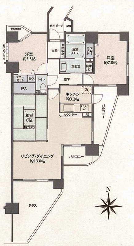 Floor plan. 3LDK, Price 10.8 million yen, Occupied area 73.21 sq m , 3LDK of balcony area 9.88 sq m southeast angle room! Attractive and spacious tiled terrace of the south and two balconies!