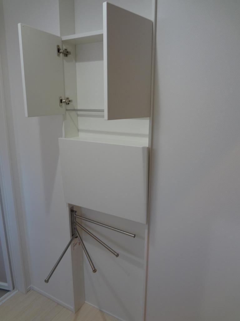 Wash basin, toilet. Washroom storage