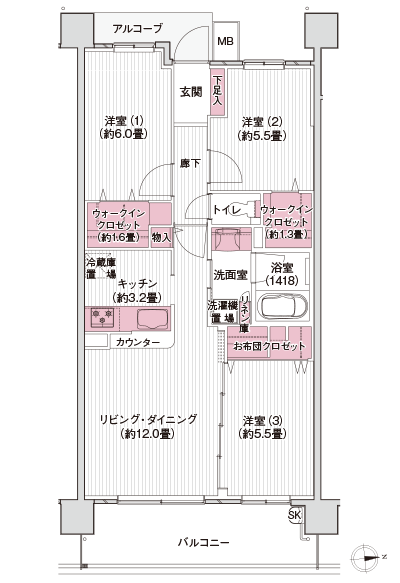 Floor: 3LDK + 2WIC + FC, the occupied area: 72.31 sq m, Price: 26,480,000 yen