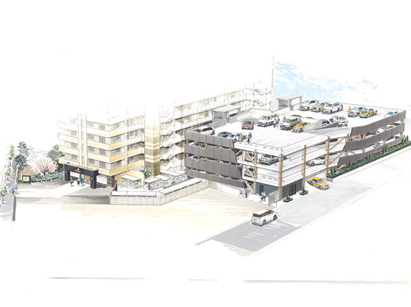 Buildings and facilities. Electric vehicle charging corresponding [Sale garage] . Self-propelled parking 100% installed in the center of the indoor. (Self-propelled parking building Rendering Illustration)