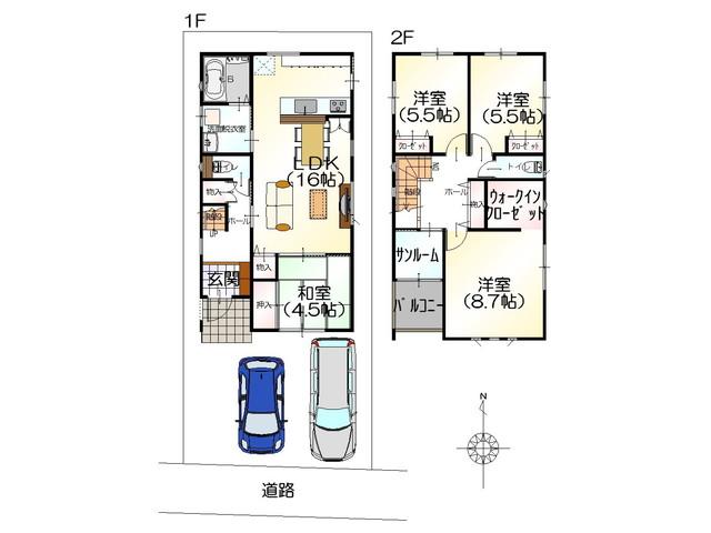 Floor plan. 21,430,000 yen, 4LDK, Land area 107.3 sq m , Convenient solarium with a building area of ​​104.88 sq m Hokuriku of weather