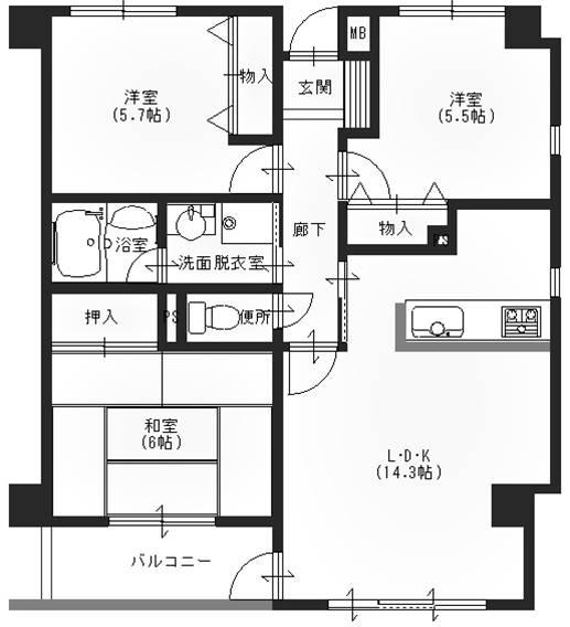 Floor plan. 3LDK, Price 8.8 million yen, Occupied area 65.08 sq m , Balcony area 4.86 sq m