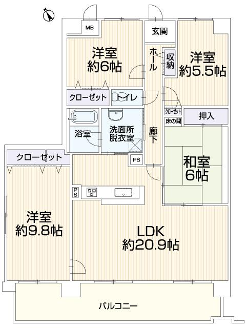 Floor plan. 4LDK, Price 17.8 million yen, Footprint 105.31 sq m , Balcony area 18.65 sq m