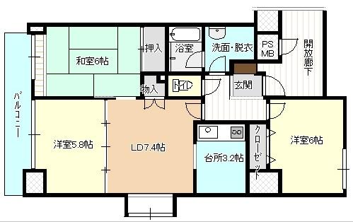 Floor plan. 3LDK, Price 13 million yen, Occupied area 65.14 sq m , Balcony area 8.19 sq m southwest angle of the room plan