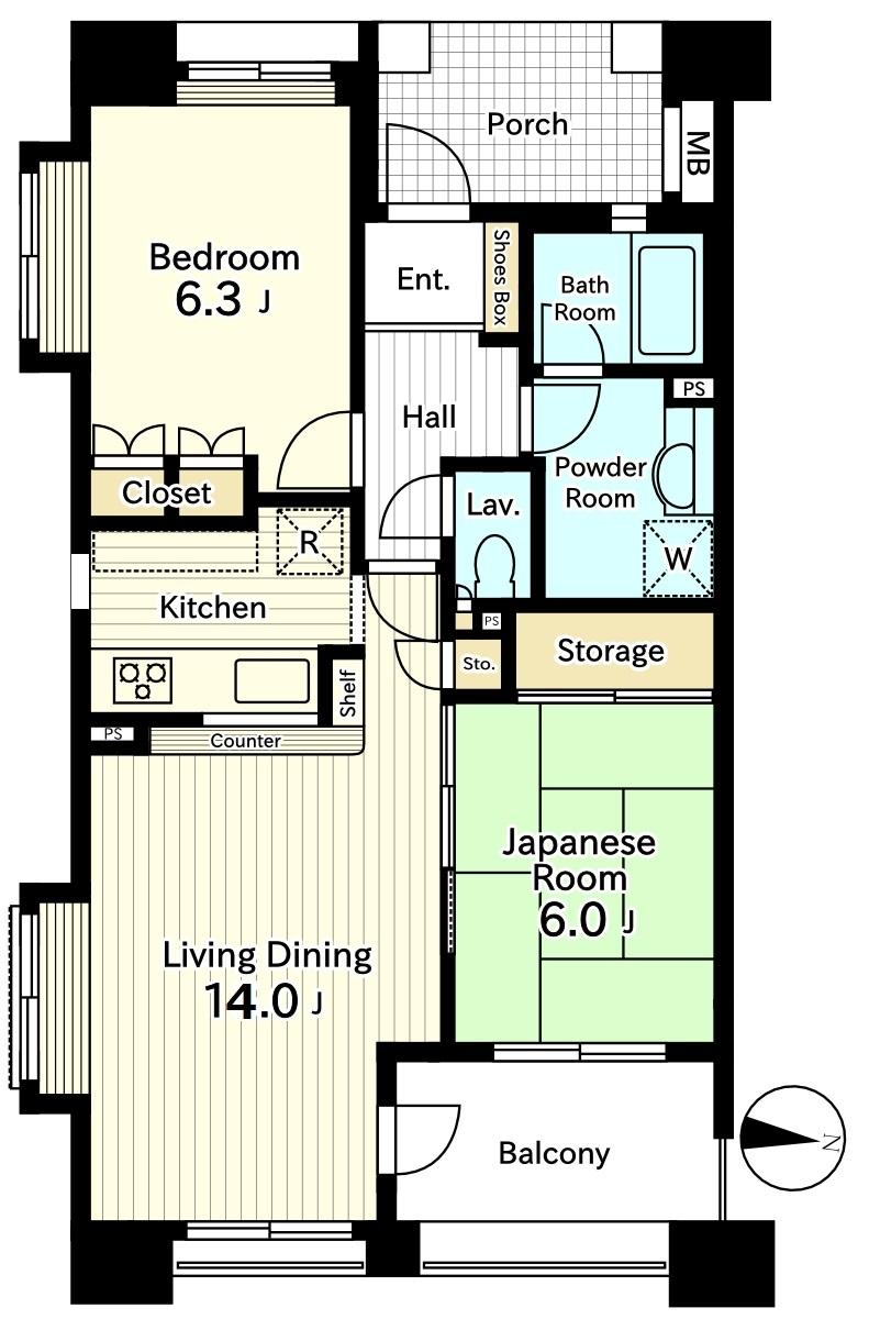 Floor plan. 2LDK, Price 15.5 million yen, Occupied area 61.68 sq m , Balcony area 6.43 sq m