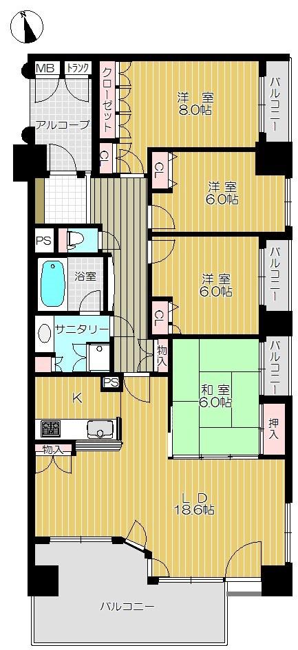 Floor plan. 4LDK, Price 39,800,000 yen, The area occupied 107.5 sq m , Balcony area 25.57 sq m