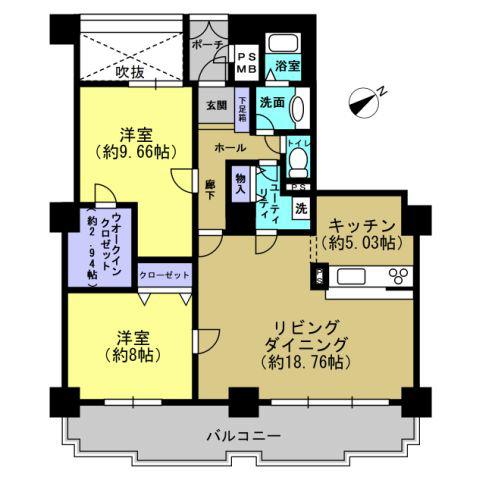 Floor plan. 2LDK, Price 9.5 million yen, Occupied area 96.22 sq m , Balcony area 17.52 sq m footprint: 96.22 sq m (about 29.10 square meters)