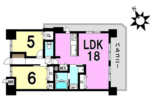 Floor plan. 2LDK, Price 15.5 million yen, Occupied area 61.76 sq m , Balcony area 18.85 sq m