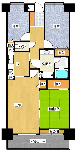 Floor plan. 3LDK, Price 9.8 million yen, Occupied area 70.64 sq m , Balcony area 9 sq m