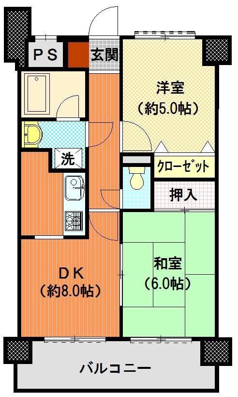 Floor plan. 2DK, Price 4.5 million yen, Occupied area 45.65 sq m , Between the balcony area 8.25 sq m floor plan
