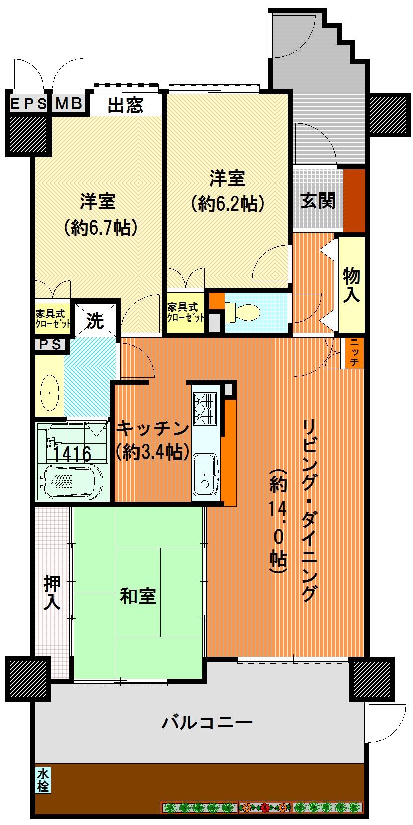 Floor plan. 3LDK, Price 12.8 million yen, Occupied area 77.45 sq m , Balcony area 20.58 sq m