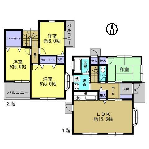 Floor plan. 10 million yen, 4LDK, Land area 138.83 sq m , Building area 98.53 sq m LDK about 15.5 Pledge ・ Western-style 8 pledge is good per yang two-plane daylight.