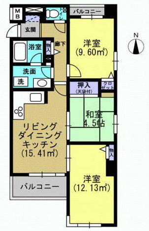 Floor plan. 3LDK, Price 9.8 million yen, Footprint 63 sq m , Balcony area 5.66 sq m LDK (15.41 sq m), Western-style (12.13 sq m)