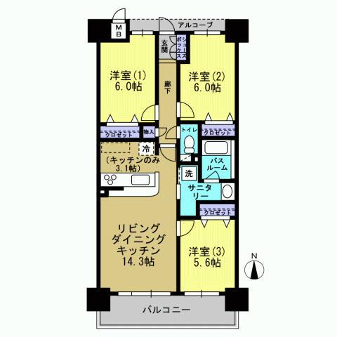 Floor plan. 3LDK, Price 19,268,000 yen, Footprint 69.2 sq m , Balcony area 8.85 sq m good per sun south-facing Western-style is 3LDK features.