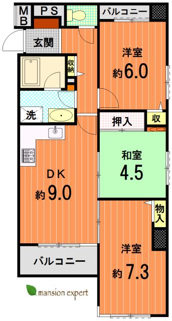 Floor plan. 3DK, Price 9.8 million yen, Footprint 63 sq m , Balcony area 5.66 sq m