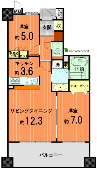 Floor plan. 2LDK, Price 14.5 million yen, Occupied area 62.16 sq m , Balcony area 13.4 sq m