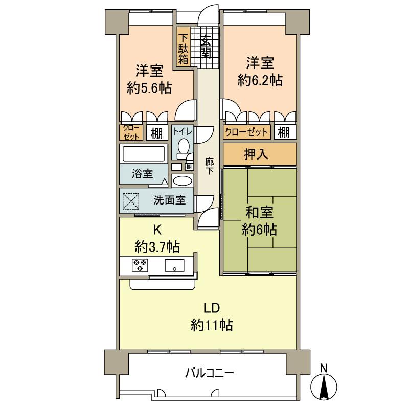 Floor plan. 3LDK, Price 14.3 million yen, Occupied area 73.85 sq m , Balcony area 12.56 sq m