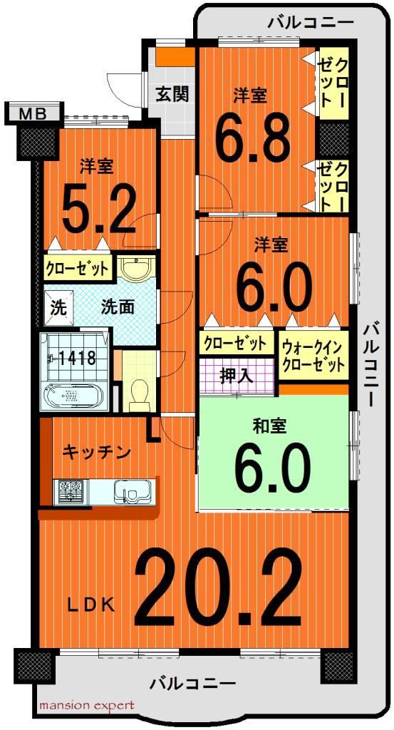 Floor plan. 4LDK, Price 15.3 million yen, Footprint 100.25 sq m , Balcony area 30.07 sq m