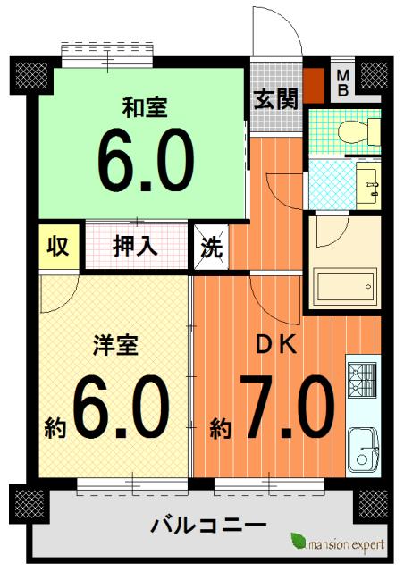 Floor plan. 2DK, Price 6.8 million yen, Occupied area 43.56 sq m , Balcony area 8.47 sq m