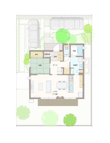 Floor plan.  ・ South side is a cozy design of arranging the LDK (17.2 Pledge) to.  ・ I'm glad housework flow line to the wife that connect the water around.  ・ Is a popular plan that effectively taking advantage of the site of the north-filled