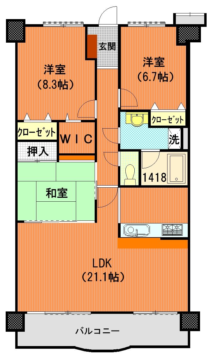 Floor plan. 3LDK, Price 13.3 million yen, Occupied area 91.02 sq m , Balcony area 11.49 sq m