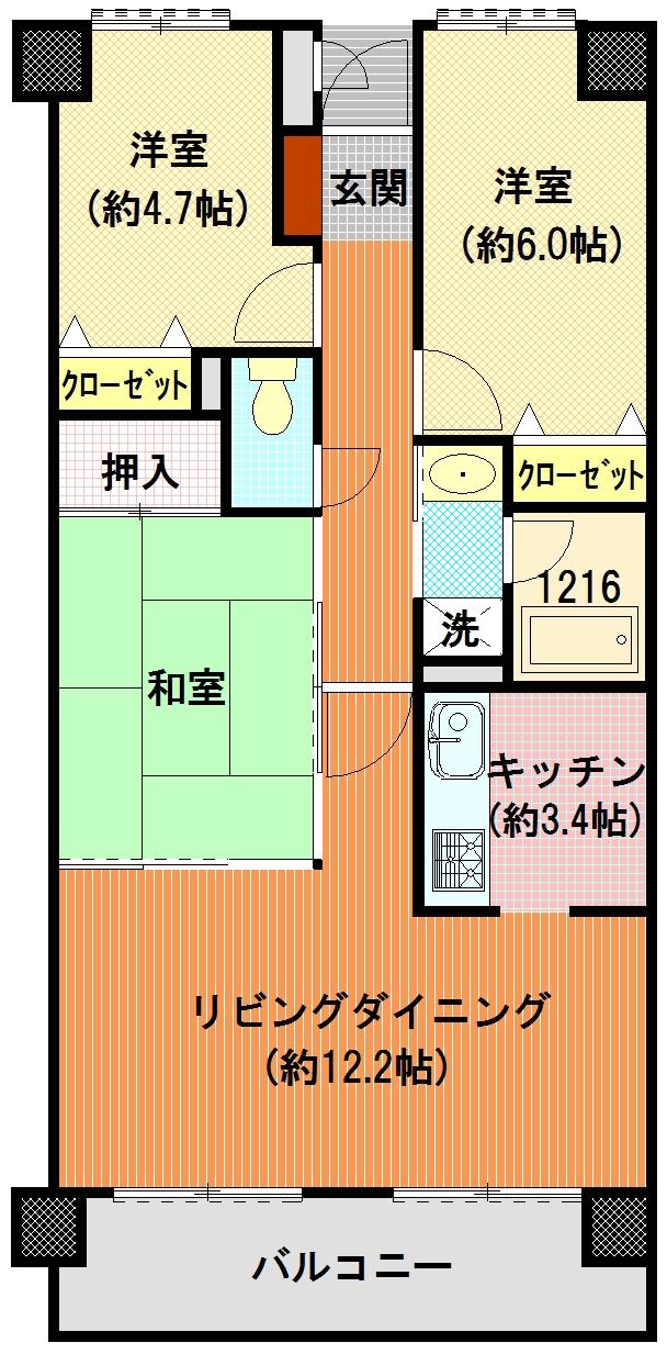 Floor plan. 3LDK, Price 7 million yen, Footprint 68 sq m , Balcony area 9 sq m