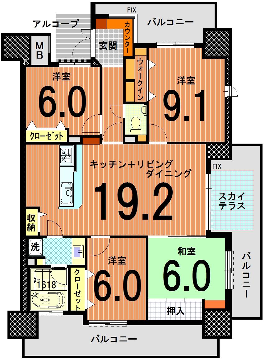 Floor plan. 4LDK, Price 35,900,000 yen, Footprint 102.01 sq m , Balcony area 33.51 sq m