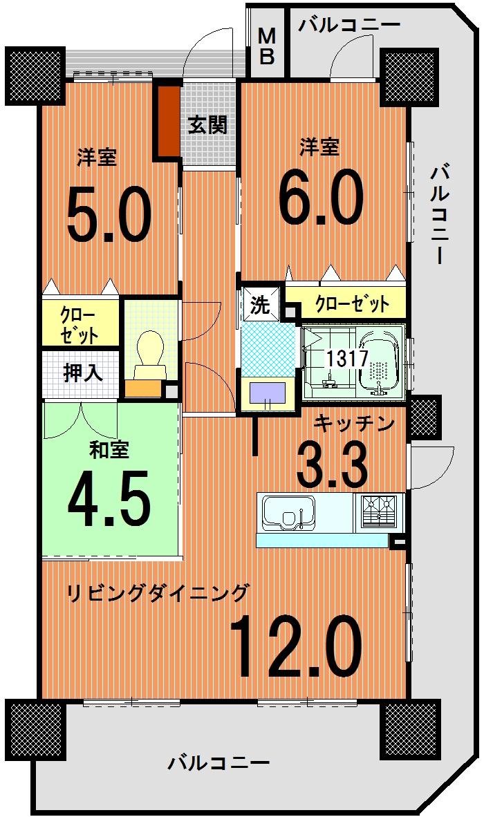 Floor plan. 3LDK, Price 18,800,000 yen, Occupied area 66.46 sq m , Balcony area 28.71 sq m