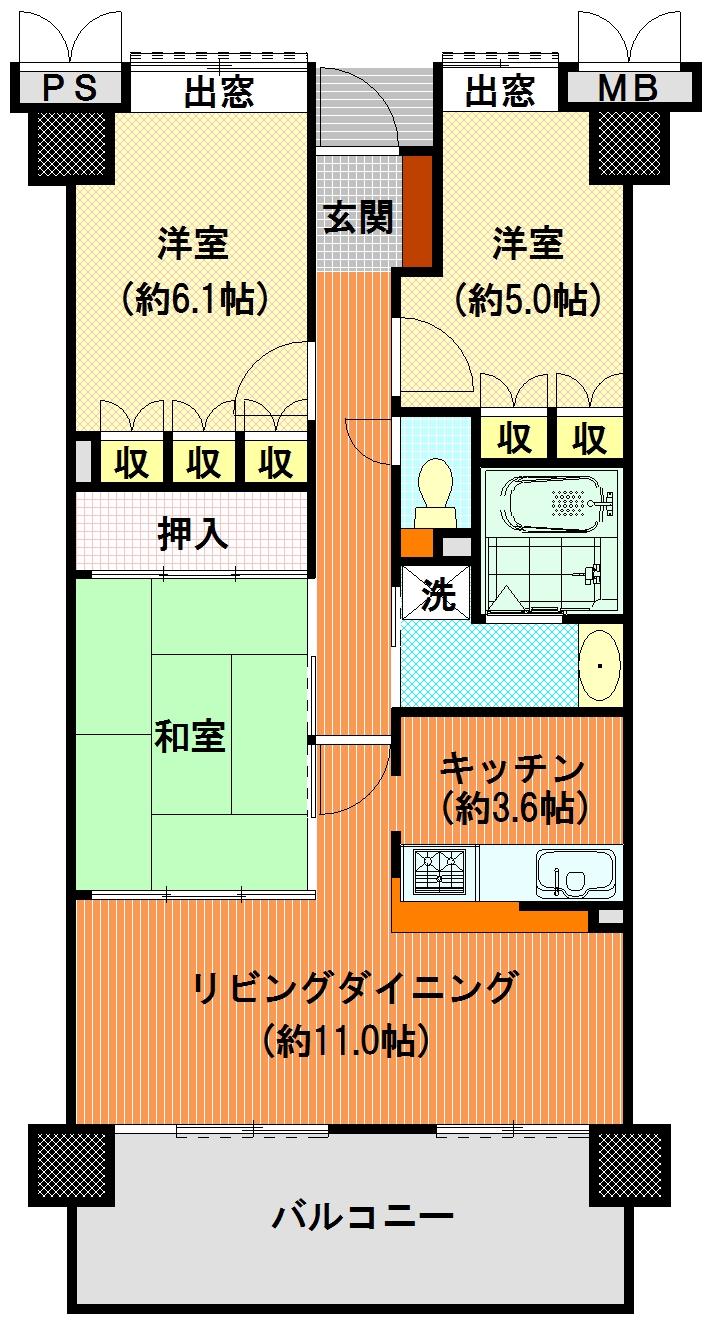 Floor plan. 3LDK, Price 13.3 million yen, Occupied area 72.34 sq m , Balcony area 12.7 sq m